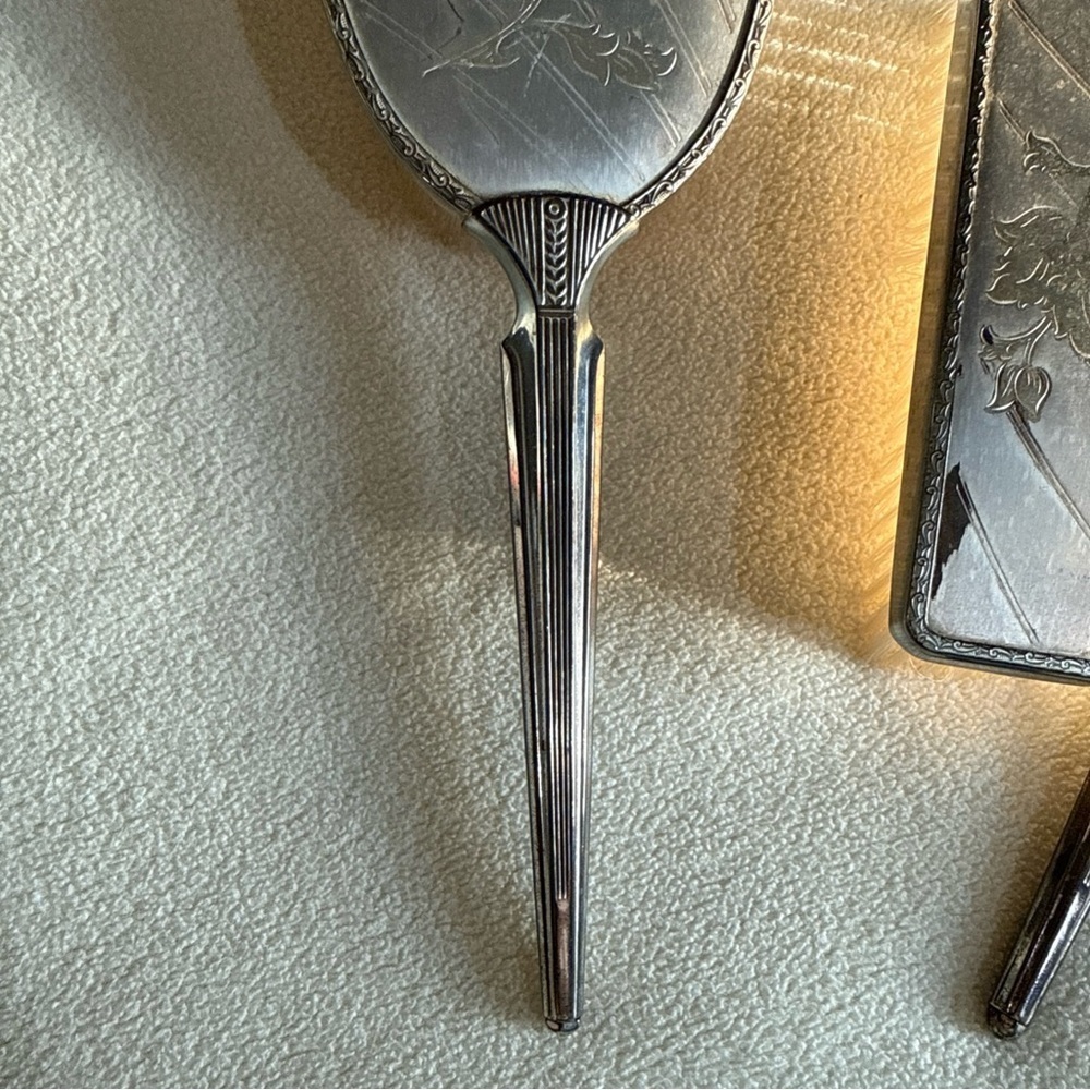 Vintage Silver-Tone Floral Hand Mirror & Brush Set - Picture 12 of 12
